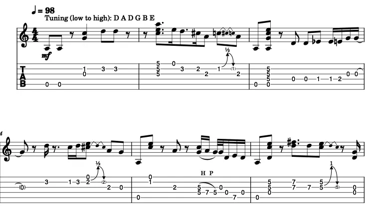 A score and tab written by bintured from a recorded blues jam in Drop D, showing half-step and whole-step bends and a hammer-on and pull-off.