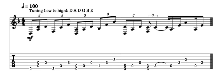 The score and tab Binturong R.E.D wrote for the Drop D triplet riff: two bars of triplet eighth notes with the tab below.